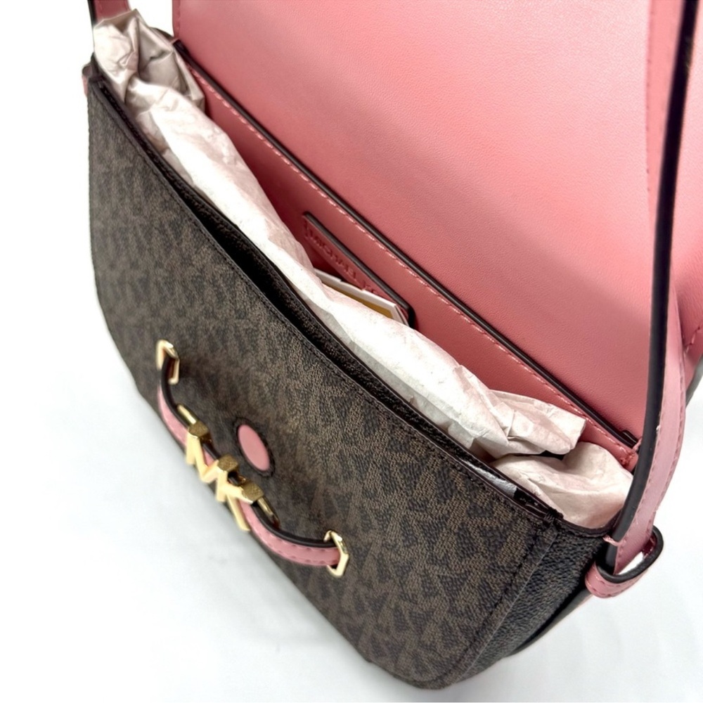 Michael Kors Small Reed Leather Saddle Crossbody Bag Brown/Light Pink - Picture 8 of 9